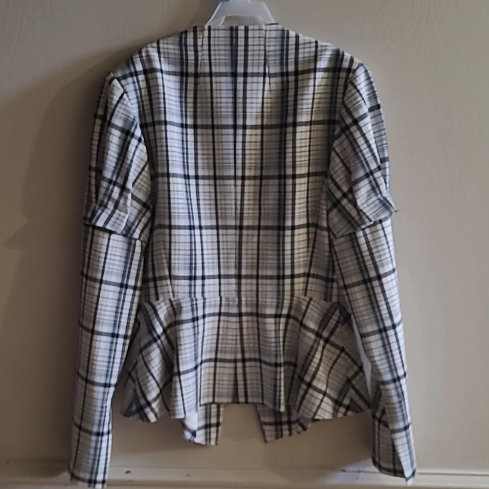 LEWIT WHITE & BLUE CHECK PLAID VIRGIN WOOL RAW EDGE PEPLUM JACKET Sz S - Picture 5 of 8